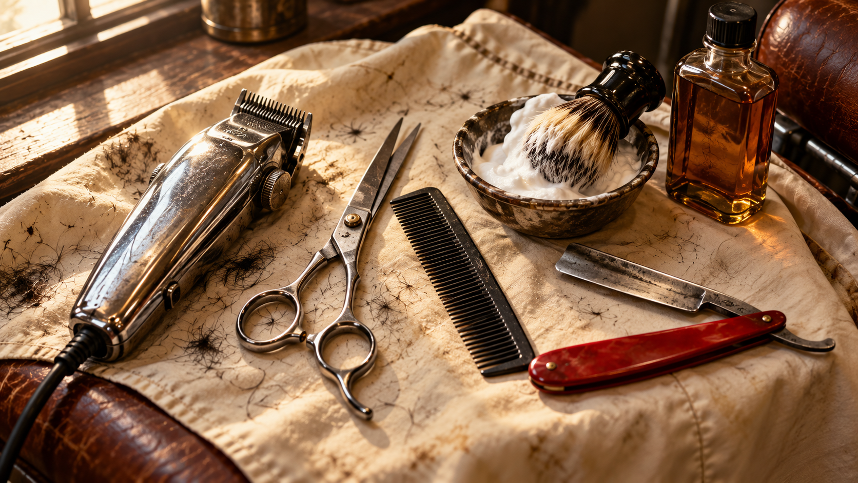 Illustrative flat lay of classic barber tools on a cream barber cape