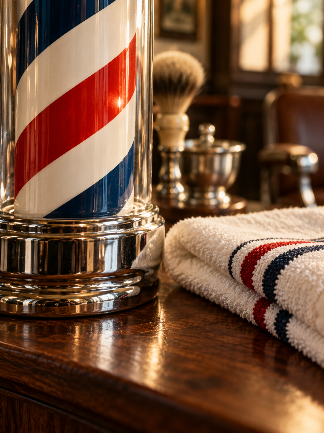 Illustrative close view of a barber pole beside a folded striped towel